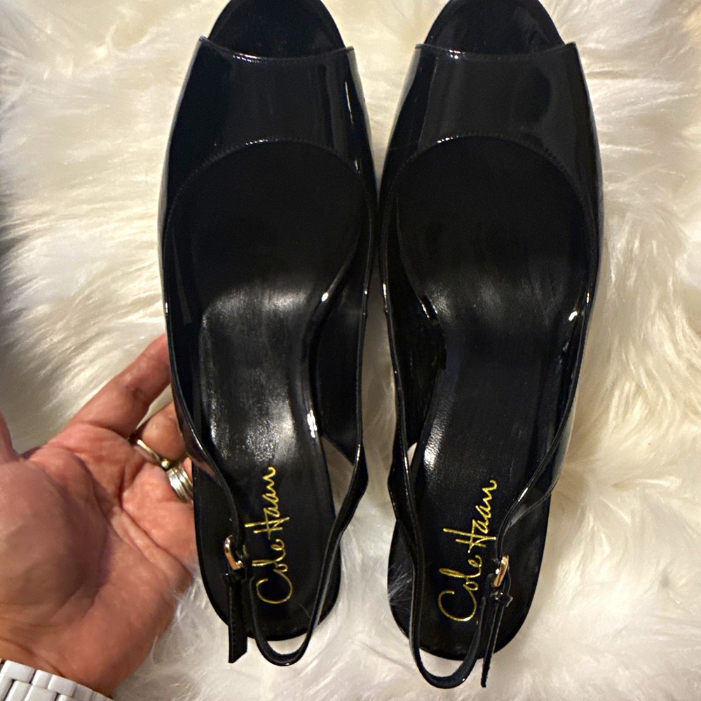 Cole Haan Black Patent Leather Slingback Open Toe Nike Air Stiletto Heels 10B